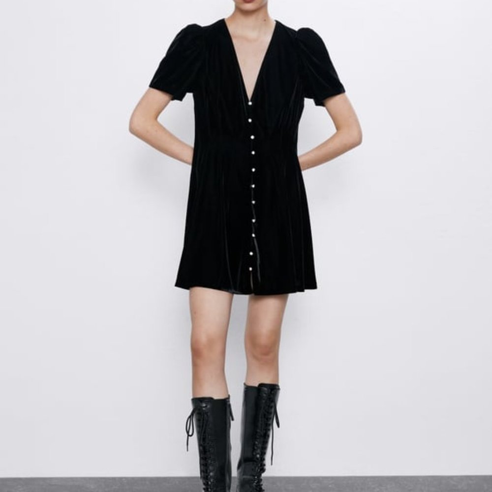 Zara Velvet Short Sleeved Dress with Jeweled Detail